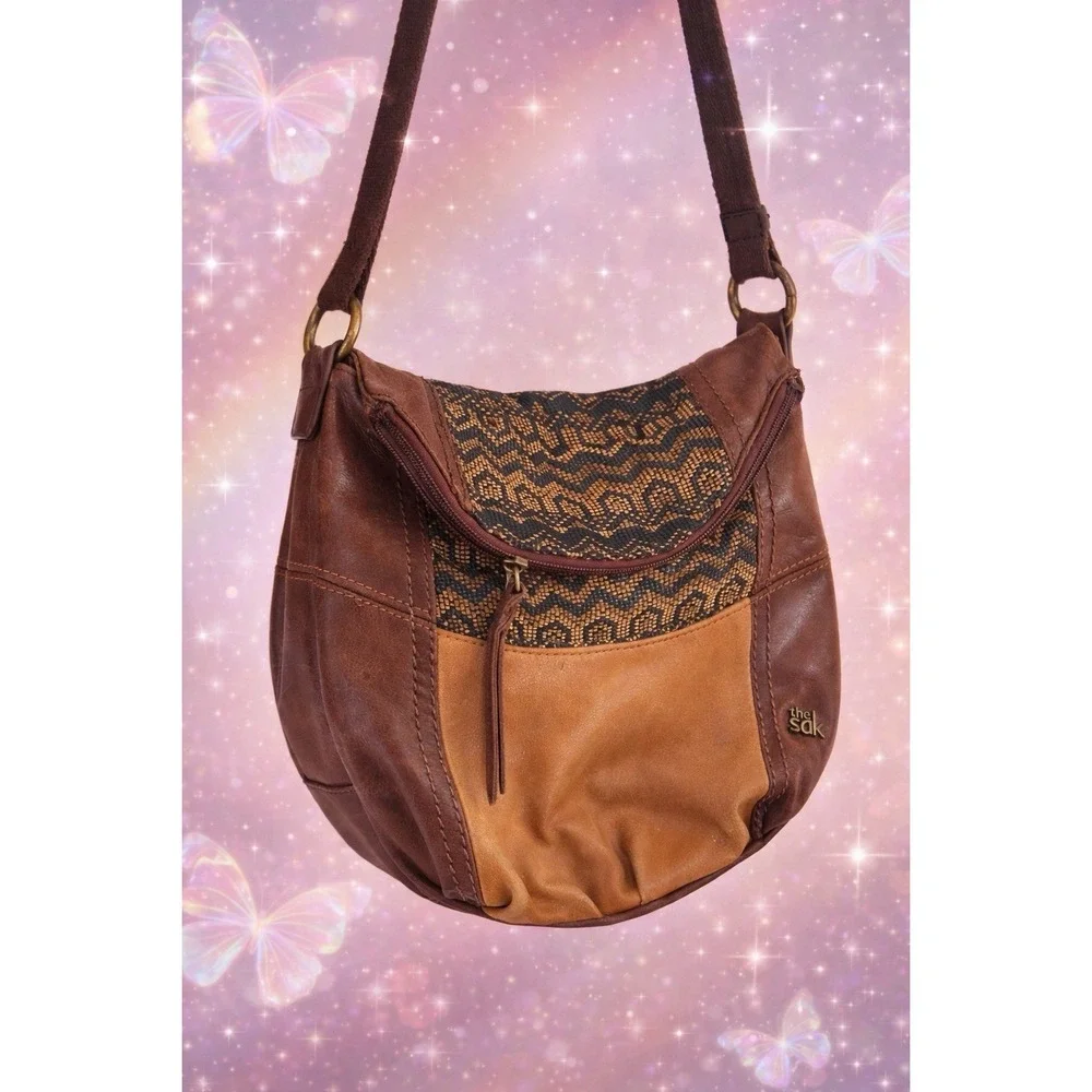 Vintage Y2K‎ The Sak Leather Crossbody Purse Brown Patchwork Boho Woven